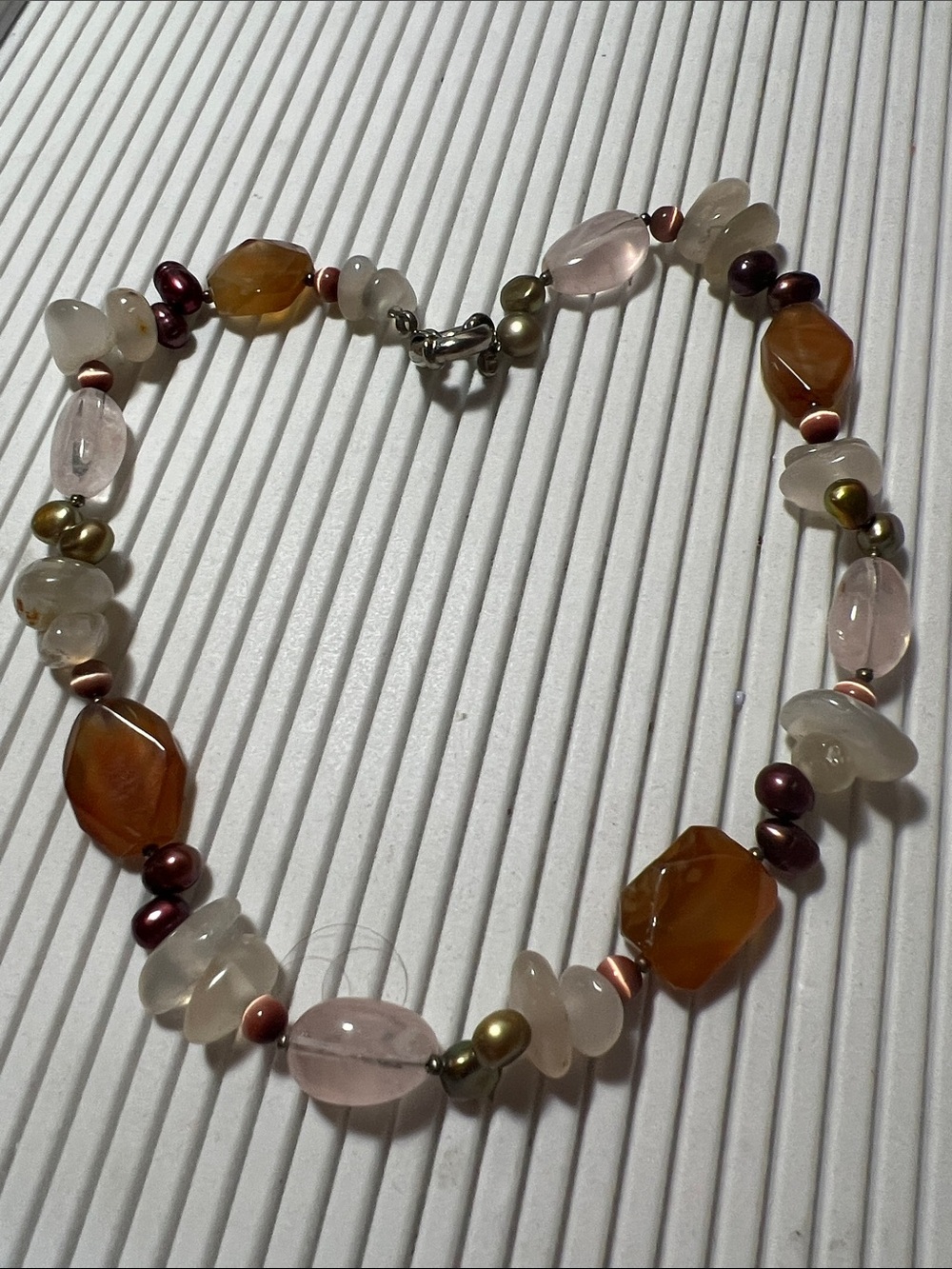 Hearty Multi-Gemstone Beaded Necklace in Rose, Amber & Pearl Tones